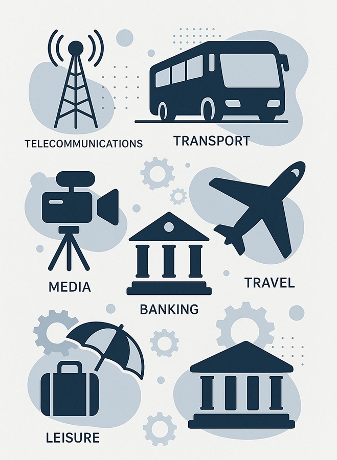 Illustration showing transport, travel, banking, and media sectors connected by MoovLogic’s intelligent mobility technology.
