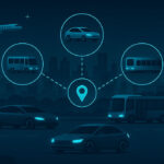 Futuristic Cityscape Illustrating Mobility As a Service with Glowing Transport Icons  Car Bus Train Airplane and Central Location Pin Connected by Cyan Lines