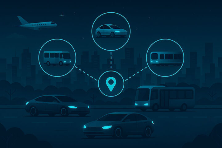 Futuristic cityscape illustrating Mobility as a Service with glowing transport icons — car, bus, train, airplane, and central location pin connected by cyan lines.
