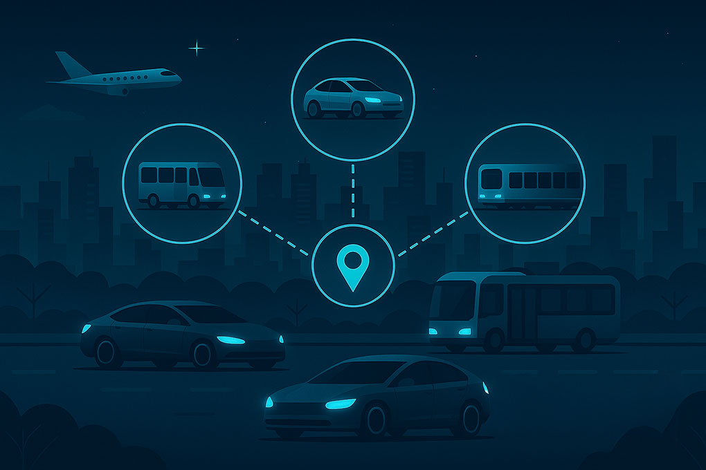 Futuristic Cityscape Illustrating Mobility As a Service with Glowing Transport Icons  Car Bus Train Airplane and Central Location Pin Connected by Cyan Lines