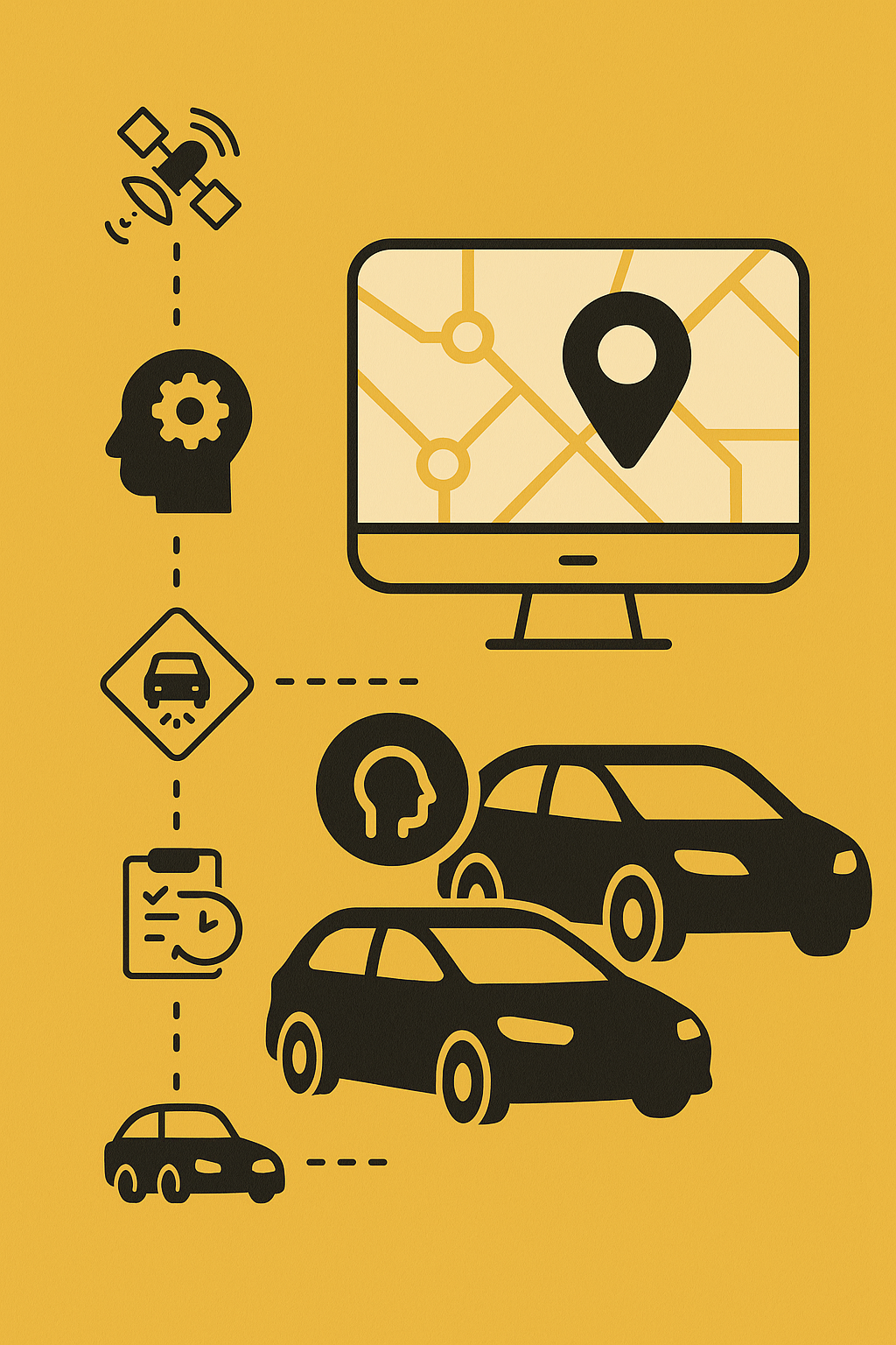 Illustration showing MoovLogic’s intelligent dispatching system with connected vehicles, GPS routing, and data-driven automation